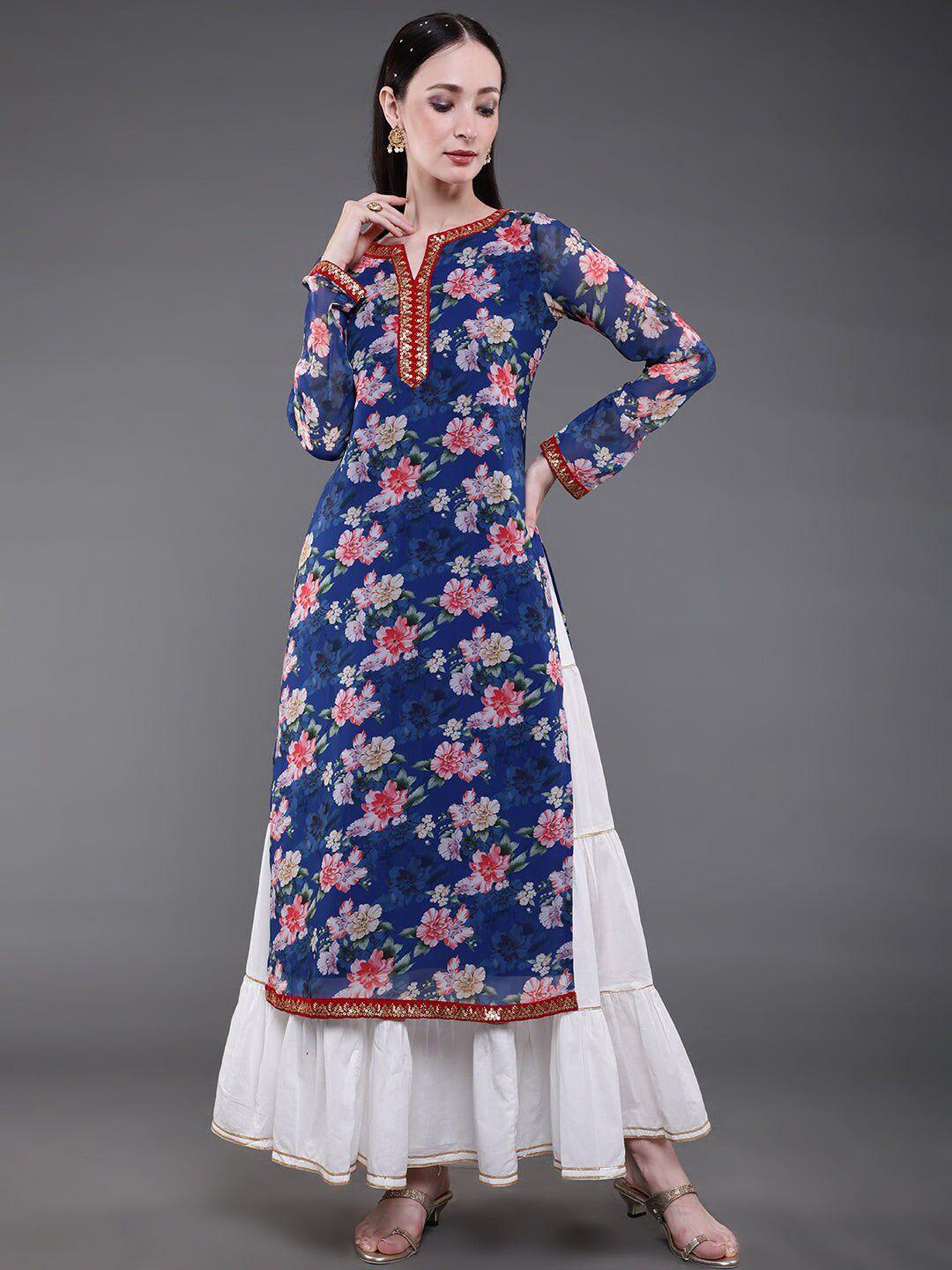 aks floral printed thread work notch neck georgette a-line kurta