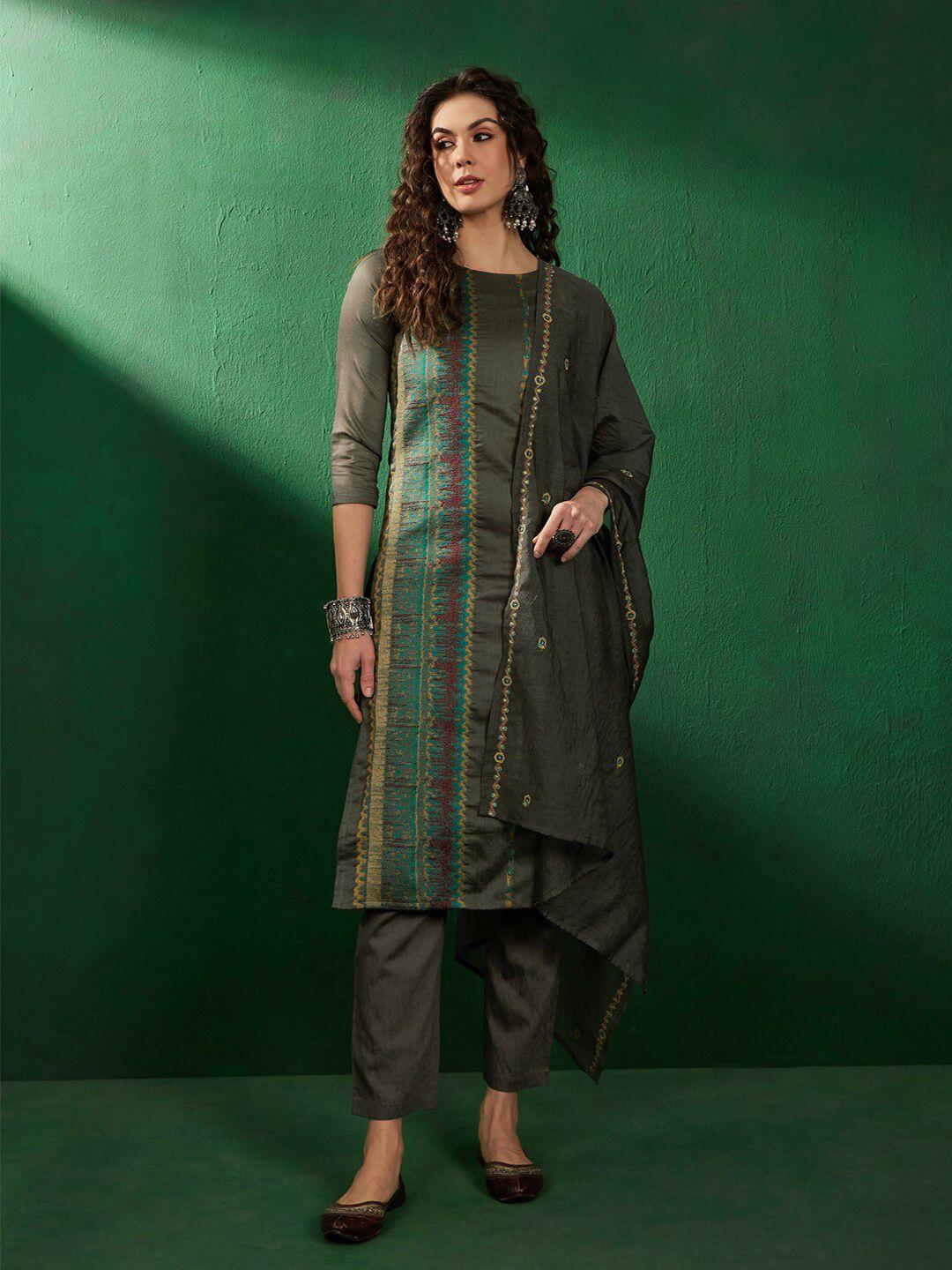 sangria printed embroidered straight kurta set