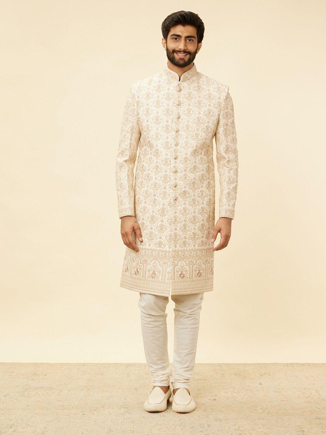 manyavar mandarin collar embroidered sherwani set