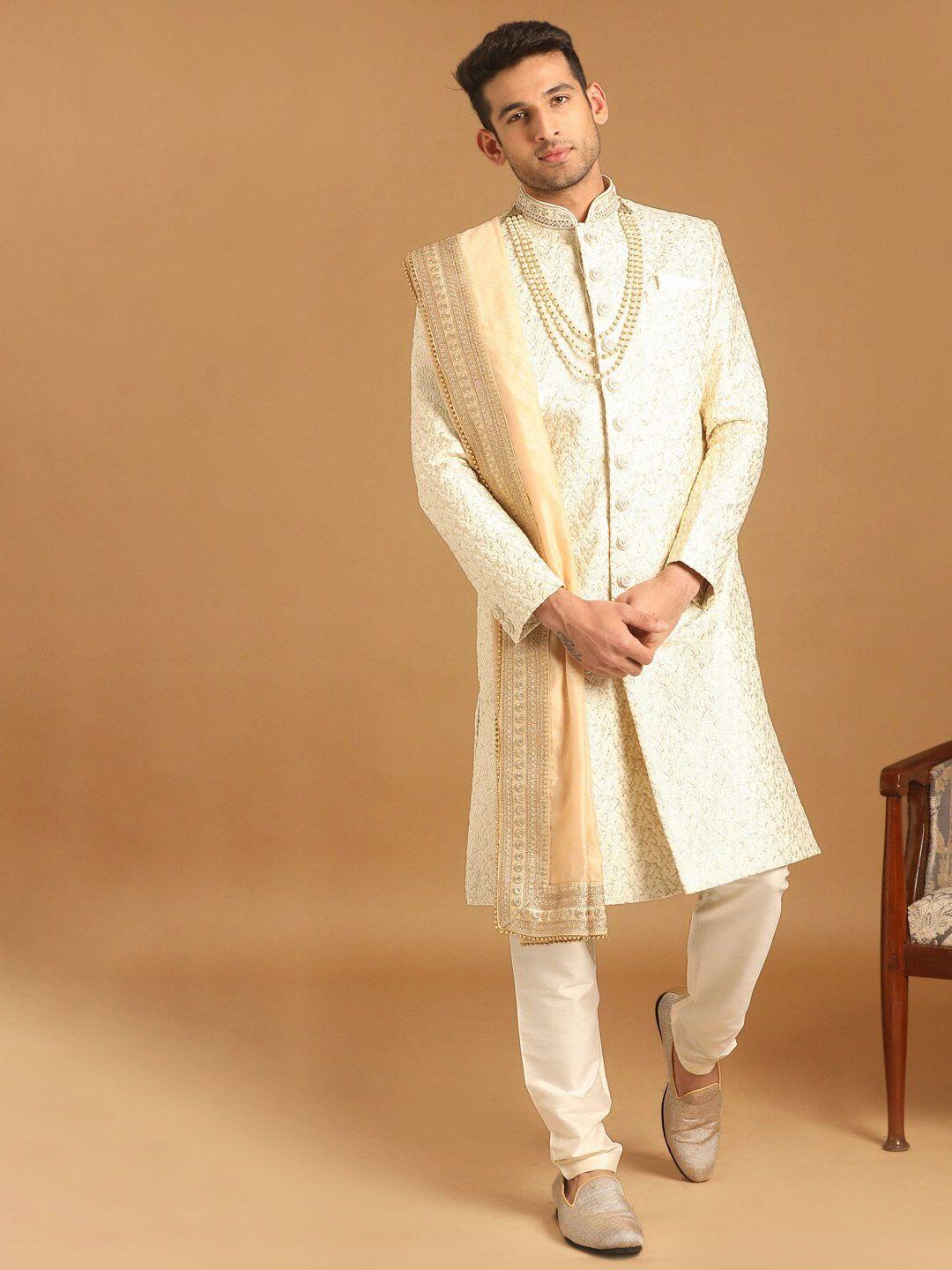 manyavar mandarin collar embroidered sherwani set