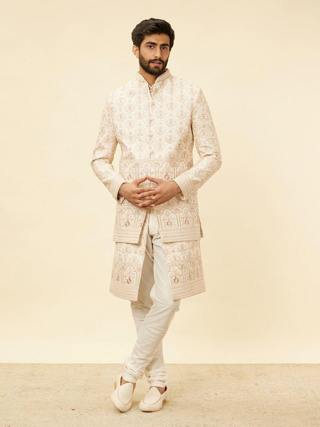 manyavar mandarin collar embroidered sherwani set