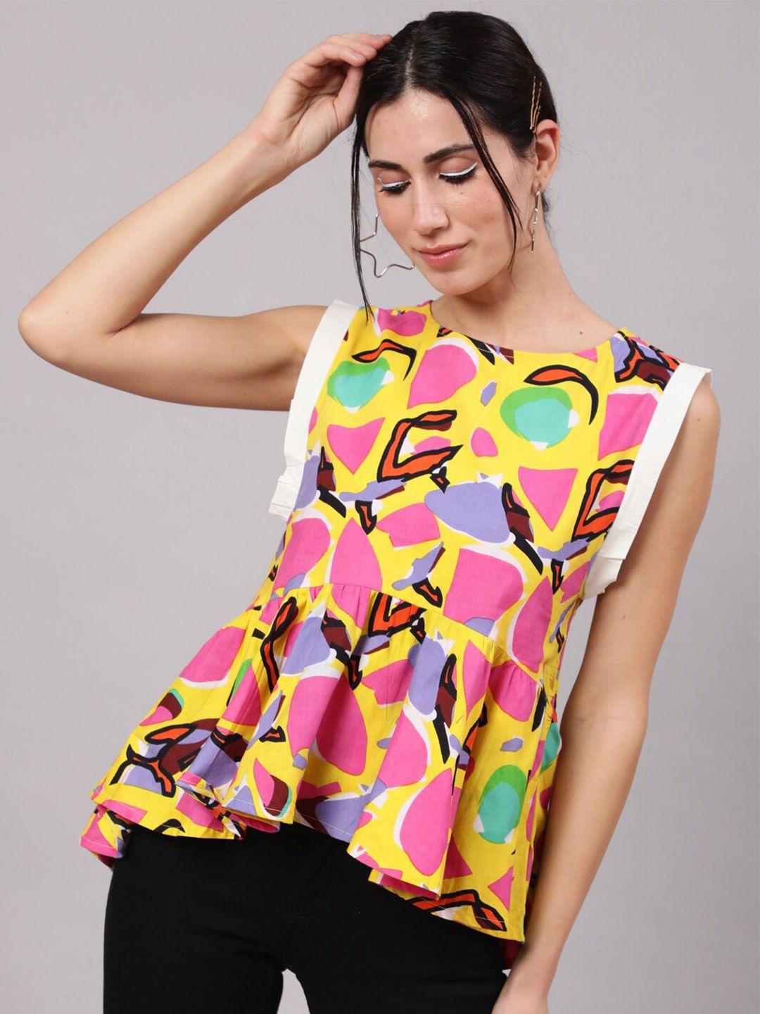 anouk geometric printed boat neck cotton gathered top