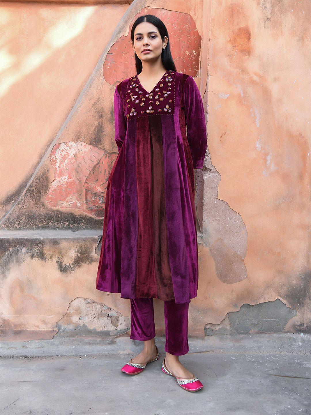 nuhh embroidered empire velvet kurta with trousers