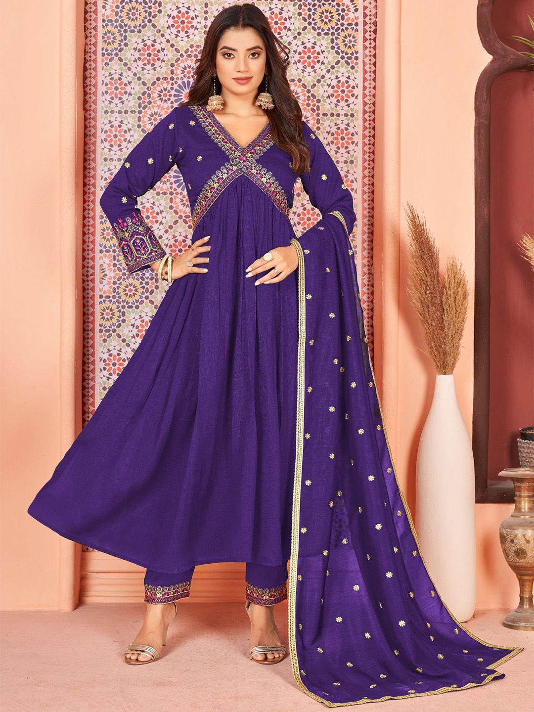 kalini floral yoke design pleated thread work kurta with trousers & with dupatta