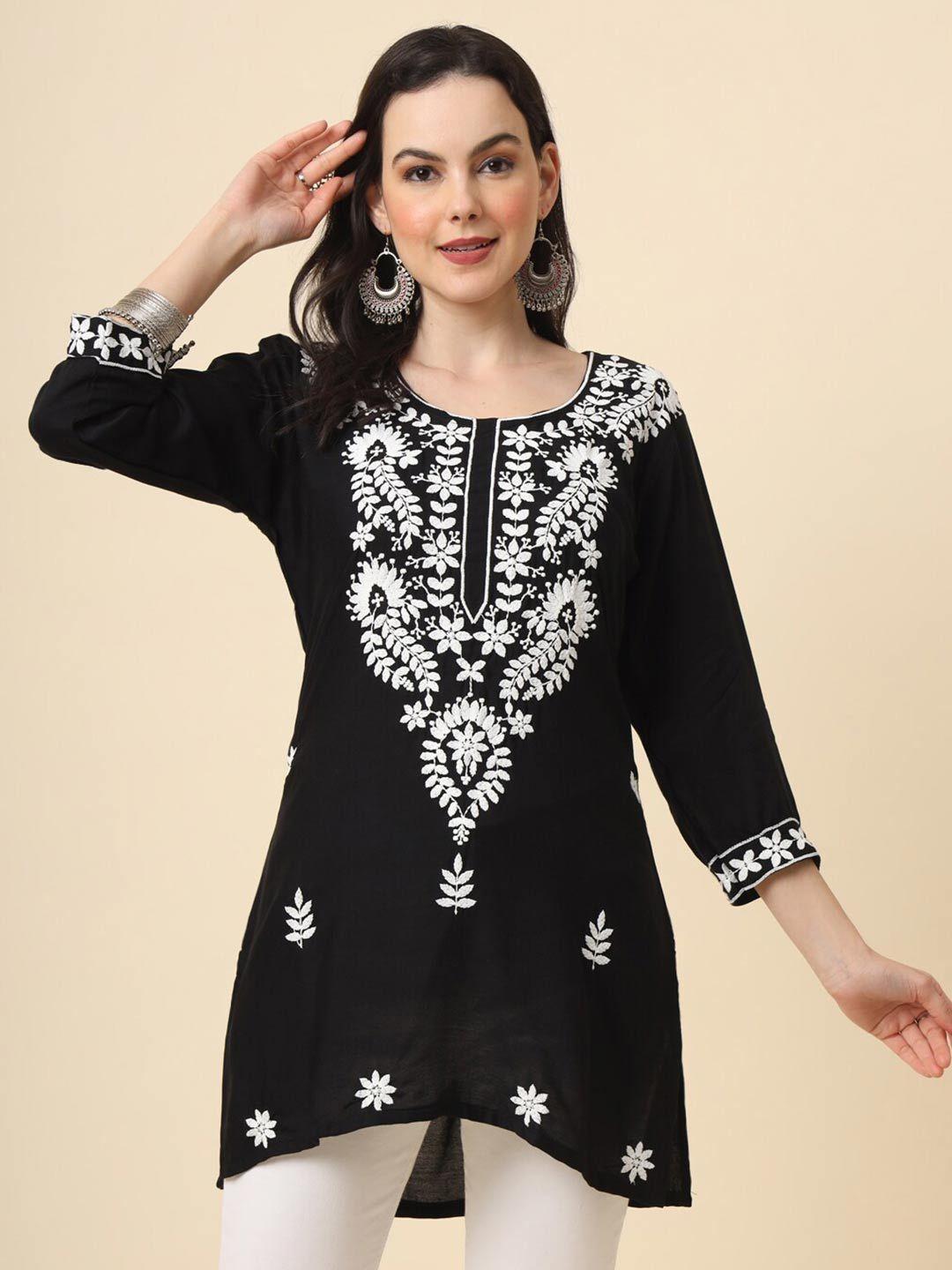 here&now black & white ethnic motifs embroidered round neck straight kurti