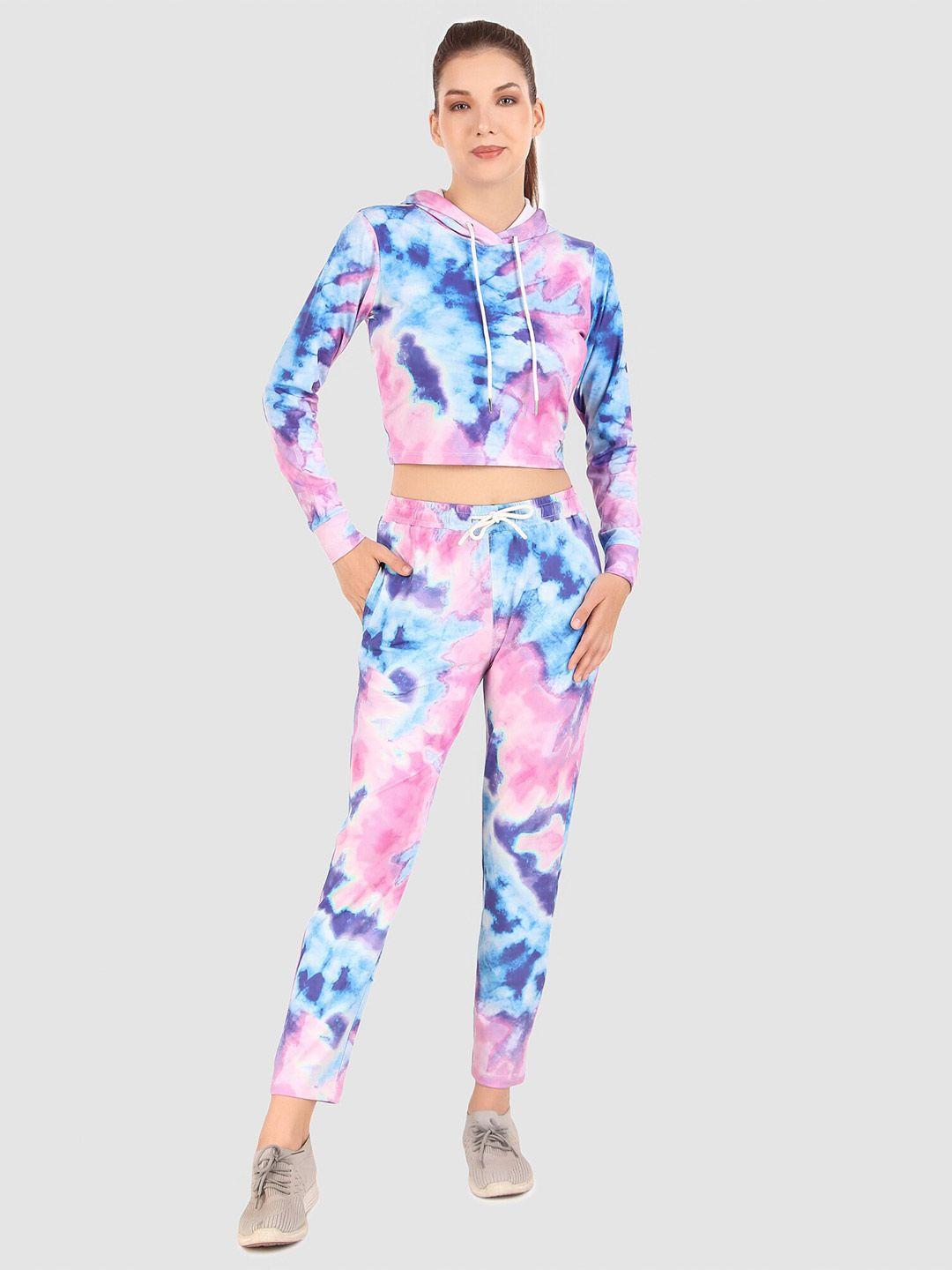 hrx by hrithik roshan pink & blue abstract printed hooded crop sweatshirt with track pants