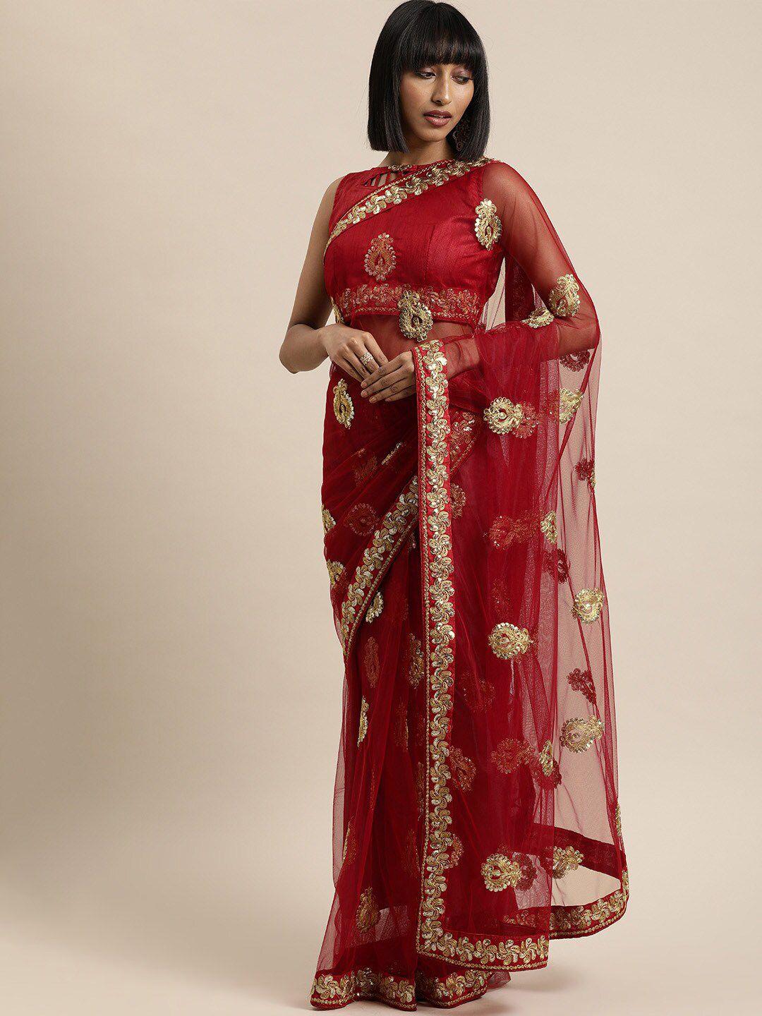 mitera red ethnic motifs beads and stones poly georgette saree