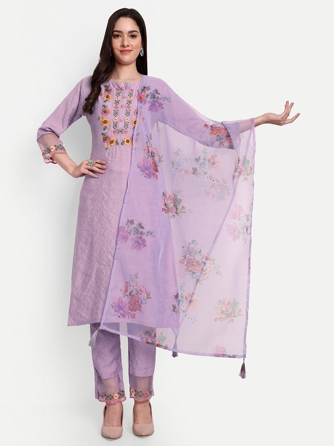 j.kanji women lavender floral yoke design regular thread work kurta with trousers & with dupatta