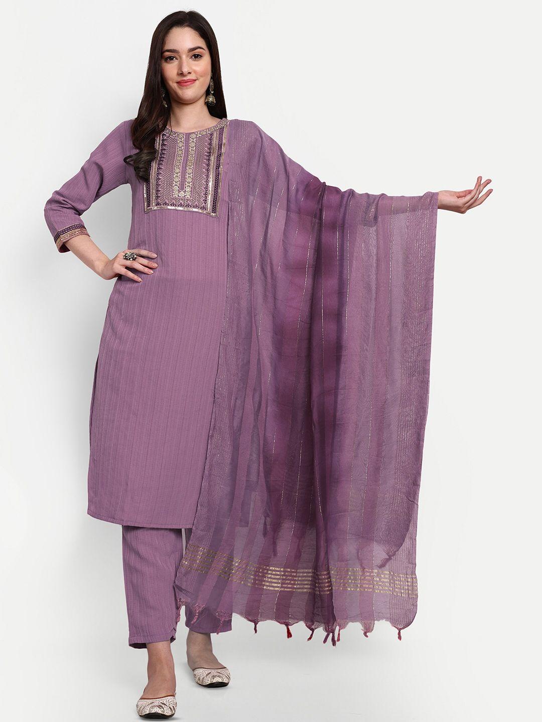 j.kanji women mauve ethnic motifs yoke design regular thread work kurta with trousers & with dupatta