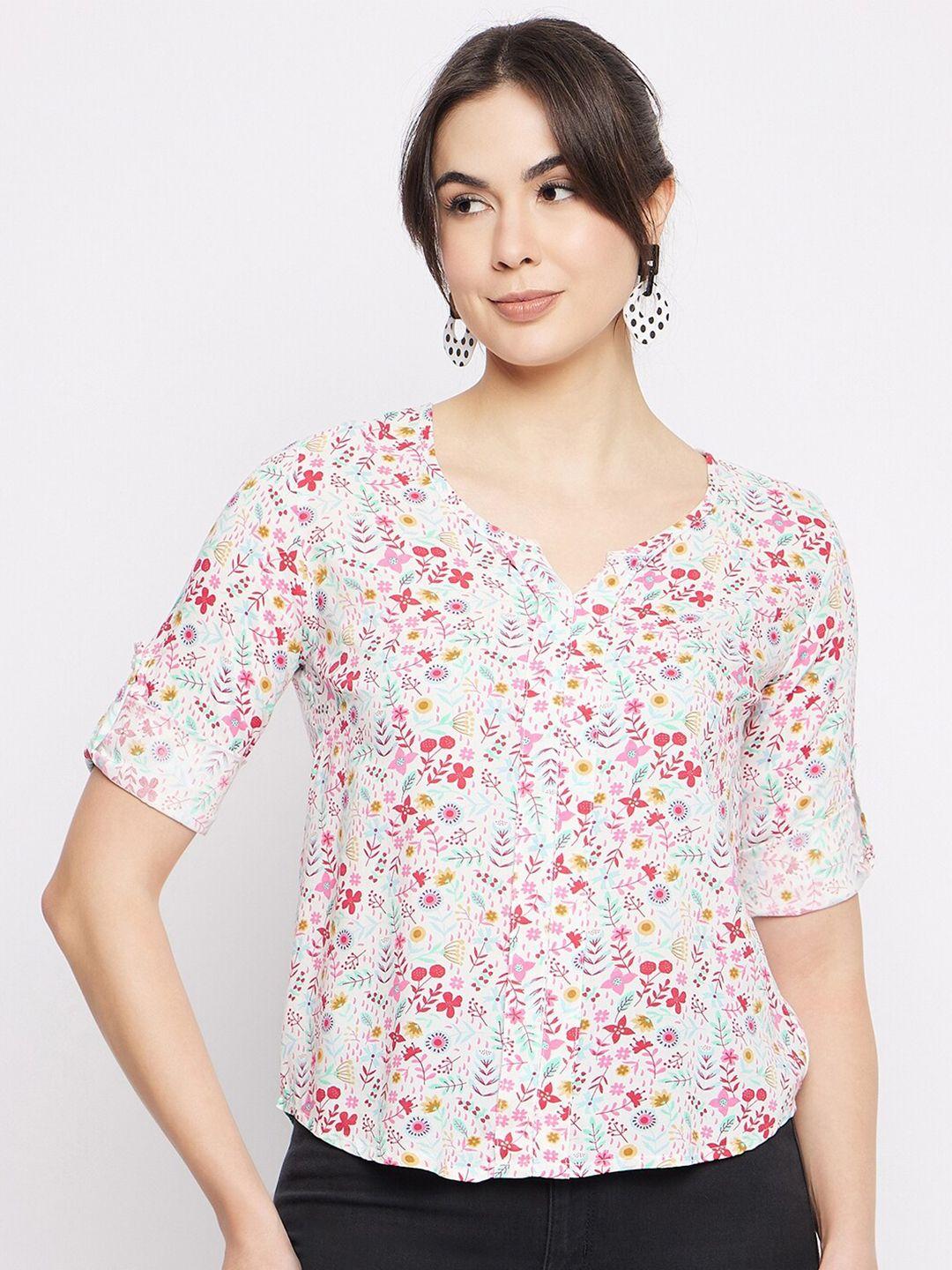 mayra floral print mandarin collar roll-up sleeves top