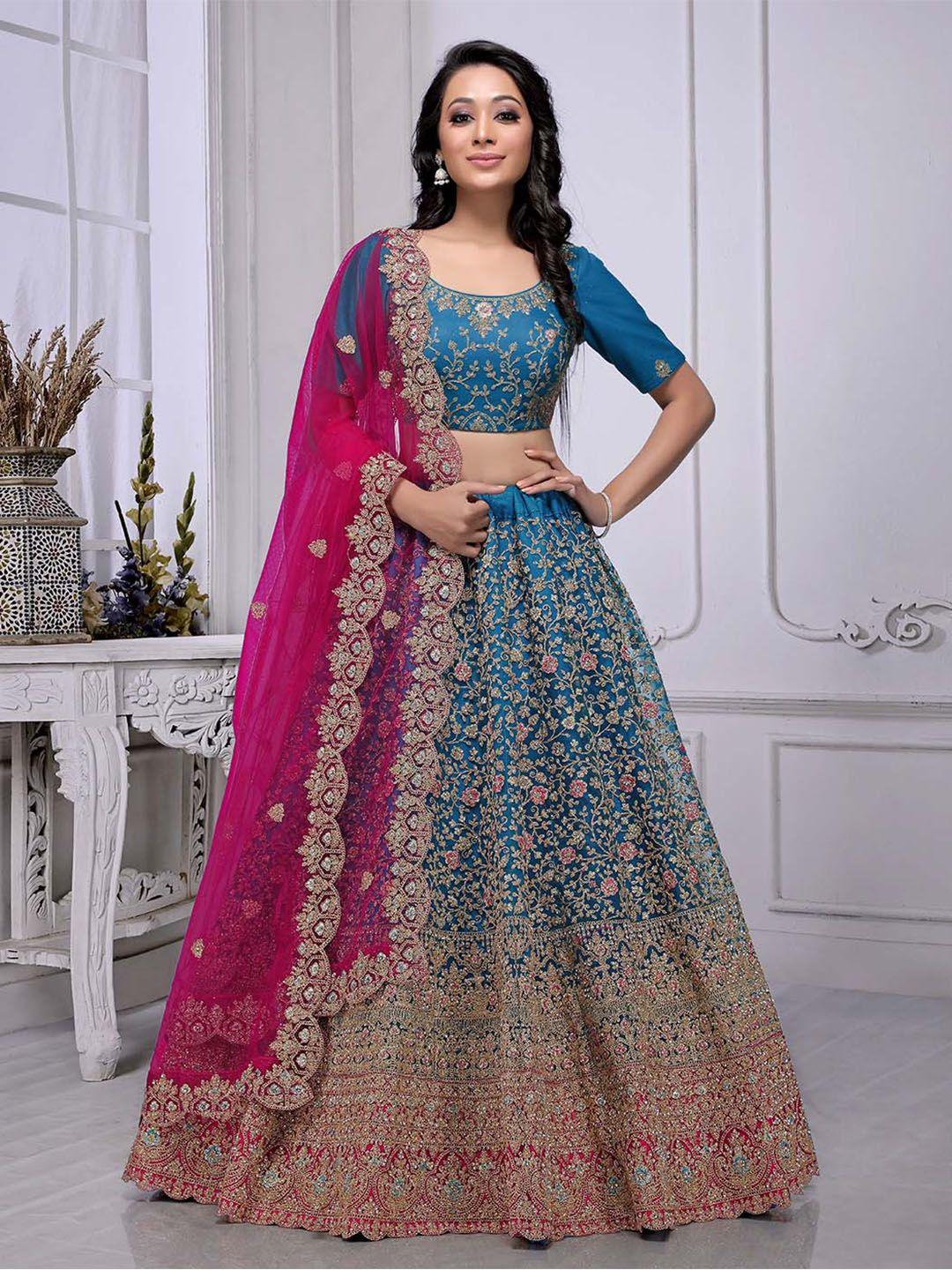 halfsaree studio embellished net semi-stitched lehenga & unstitched blouse with dupatta