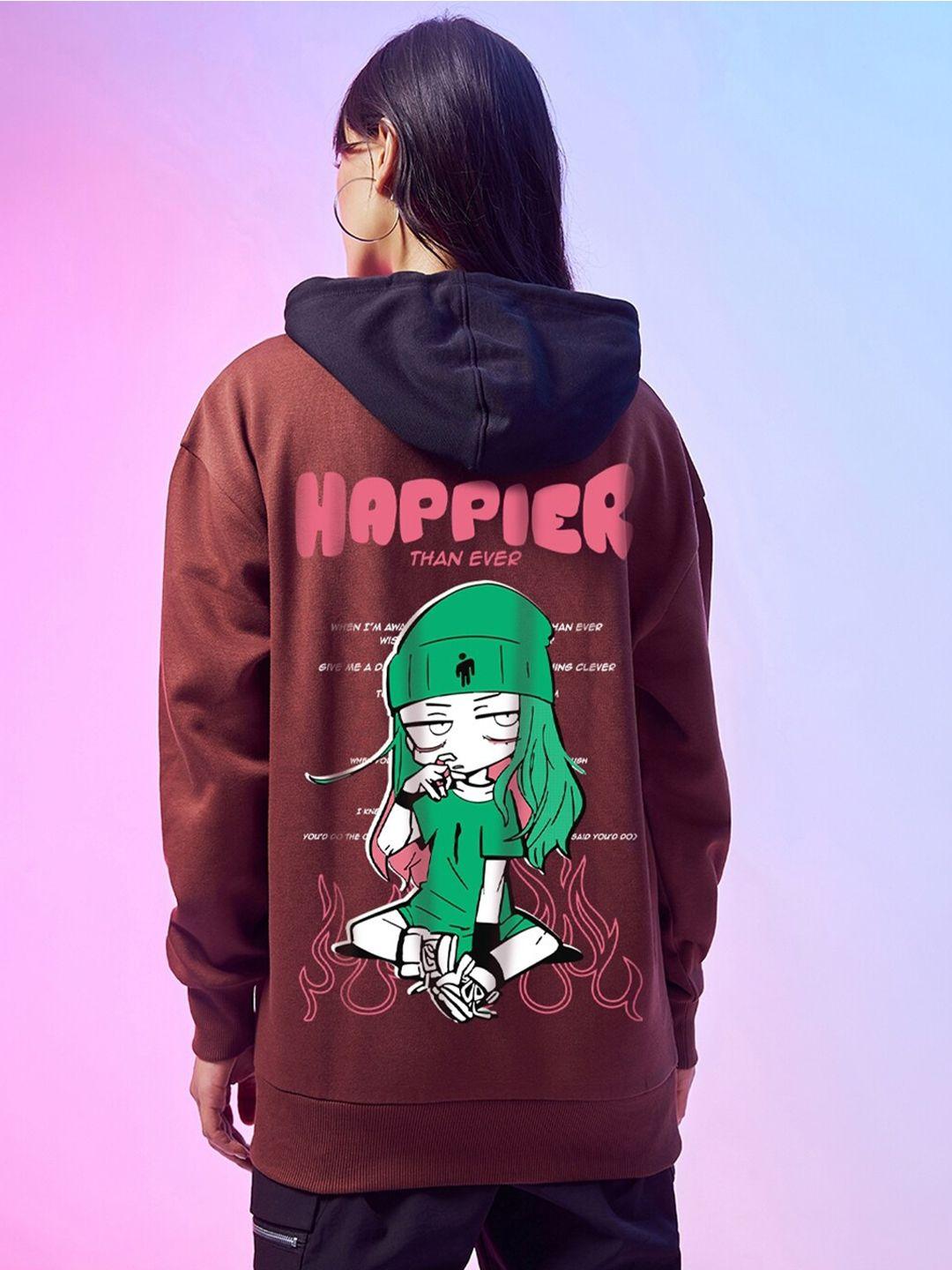 bewakoof happier graphic printed hooded fleece oversized pullover sweatshirt