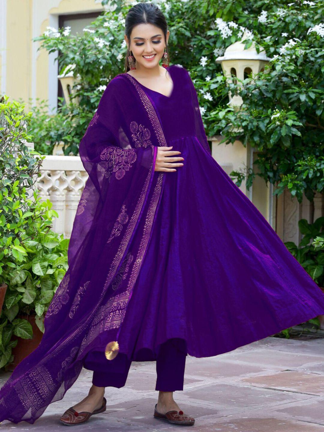 kalini violet regular anarkali kurta with trousers & dupatta