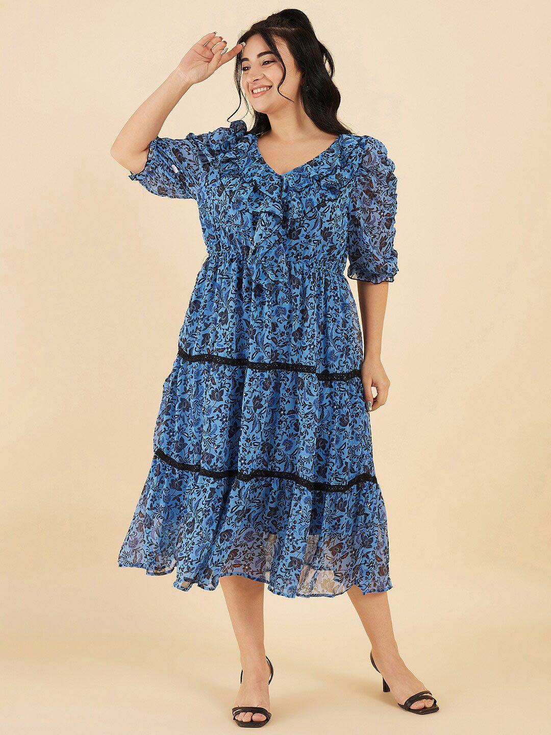 antheaa curve plus size floral puff sleeve v-neck tiered casual fit & flare midi dress