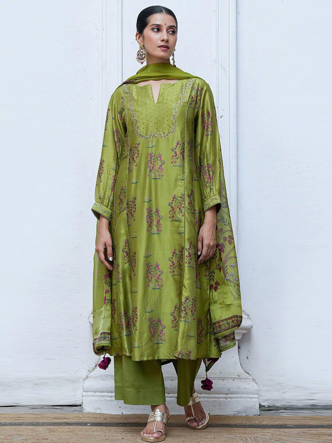 ganga v-neck long sleeves floral printed a-line kurta with palazzos & dupatta