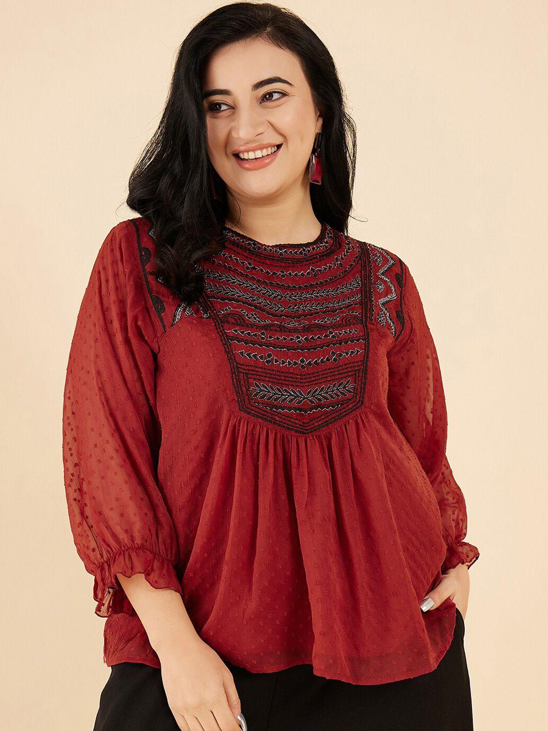 antheaa curve embroidered round neck puff sleeve top