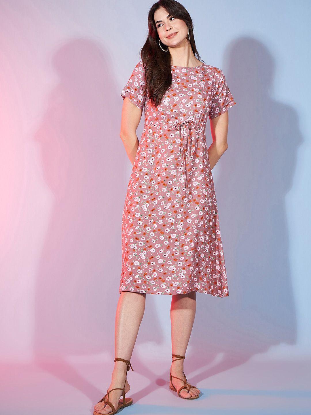 dressberry round neck short sleeves floral print midi dress