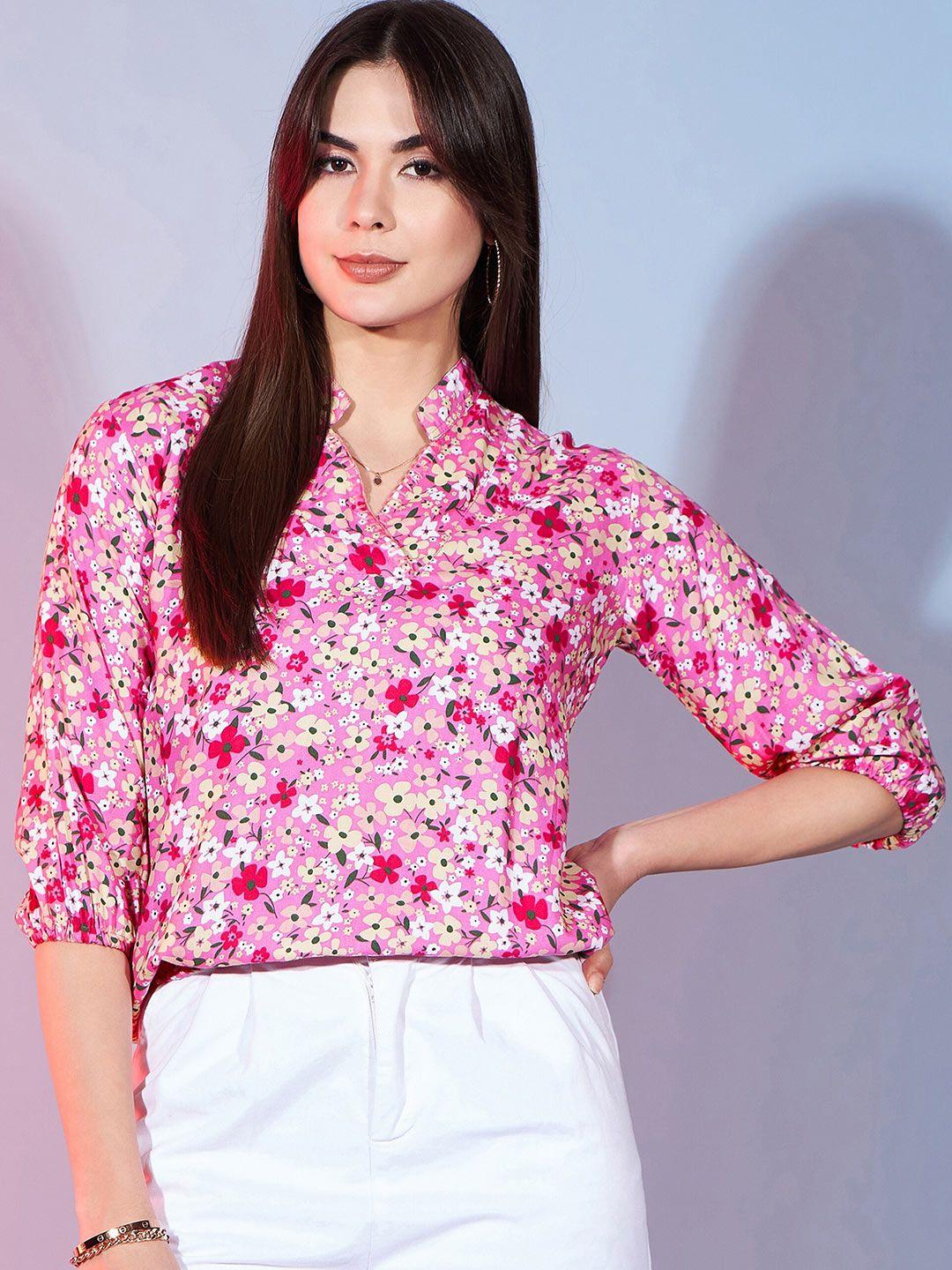 dressberry fuchsia floral printed mandarin collar three-quarter sleeves top