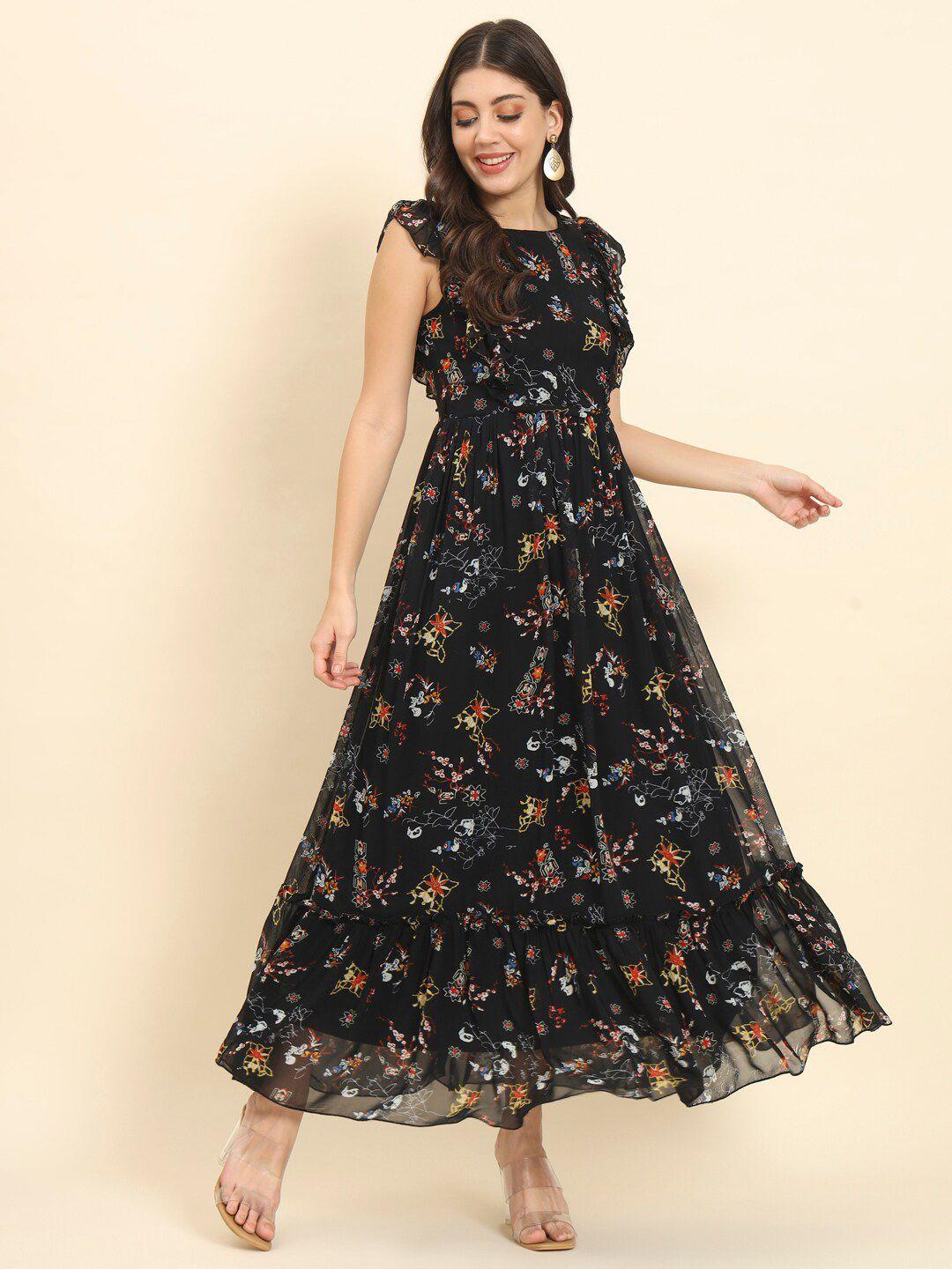 here&now floral printed round neck cap sleeves maxi dress