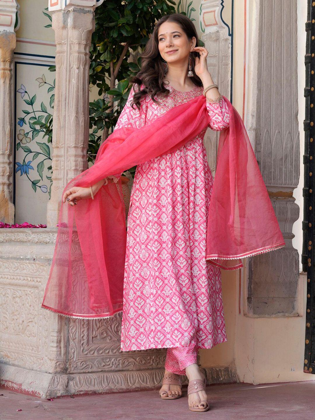 kalini floral embroidered round neck anarkali kurta & palazzos with dupatta