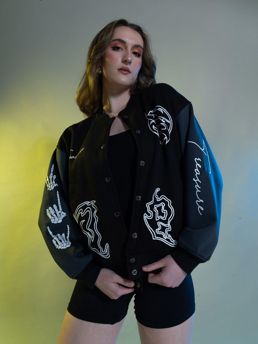 stylecast x hersheinbox graphic printed stand collar fleece bomber jacket