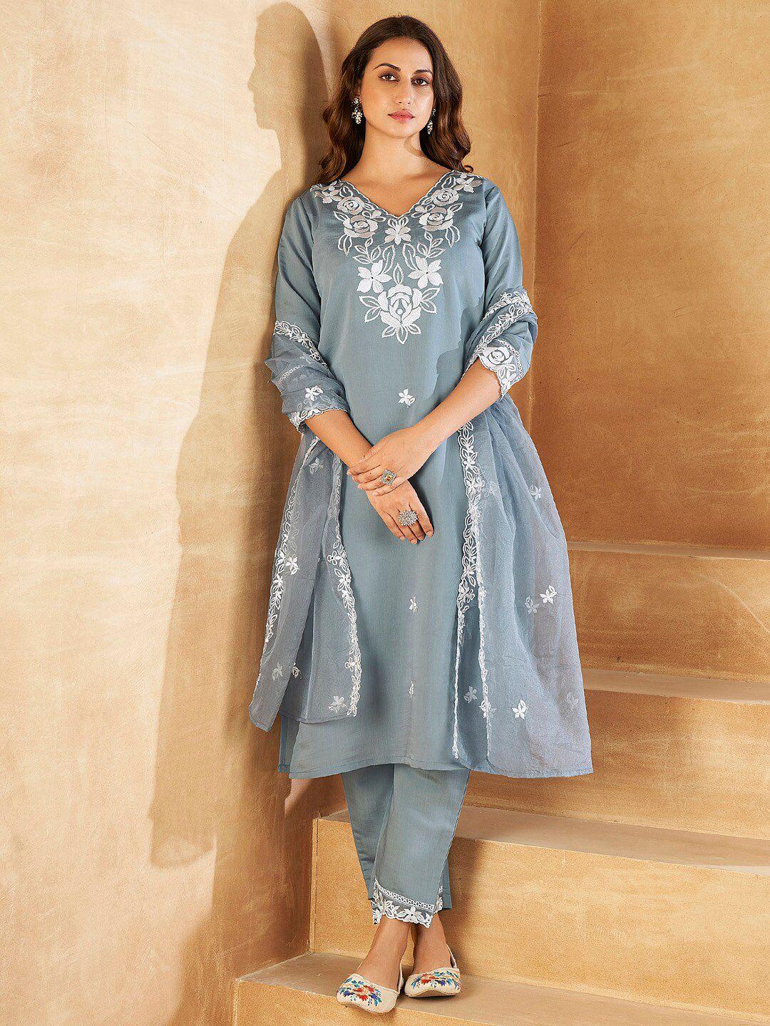 indo era floral v-neck embroidered regular thread work kurta with trousers & with dupatta