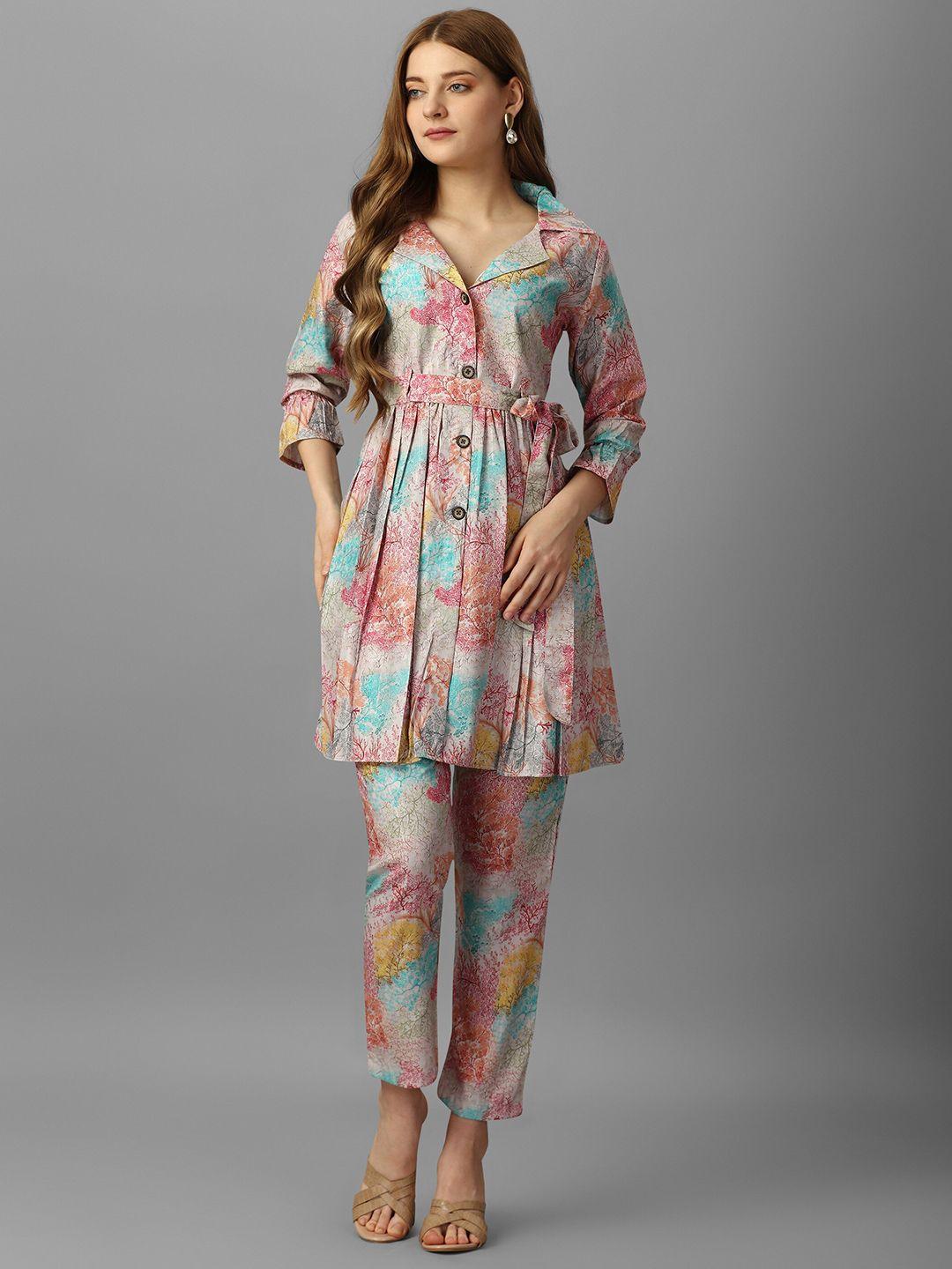 kalini floral printed notched lapel collar tunic with trouser