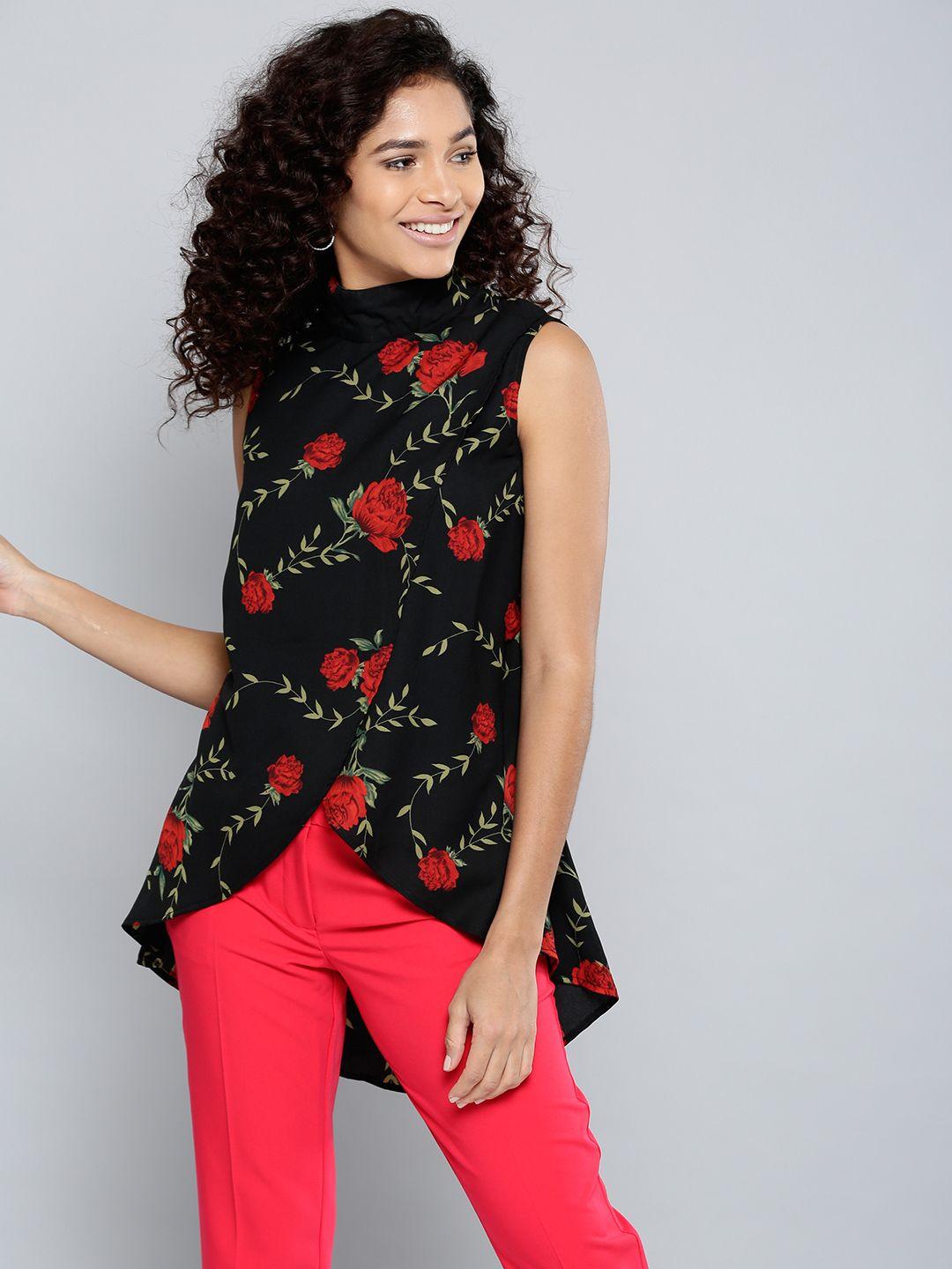 besiva women black & red printed wrap top