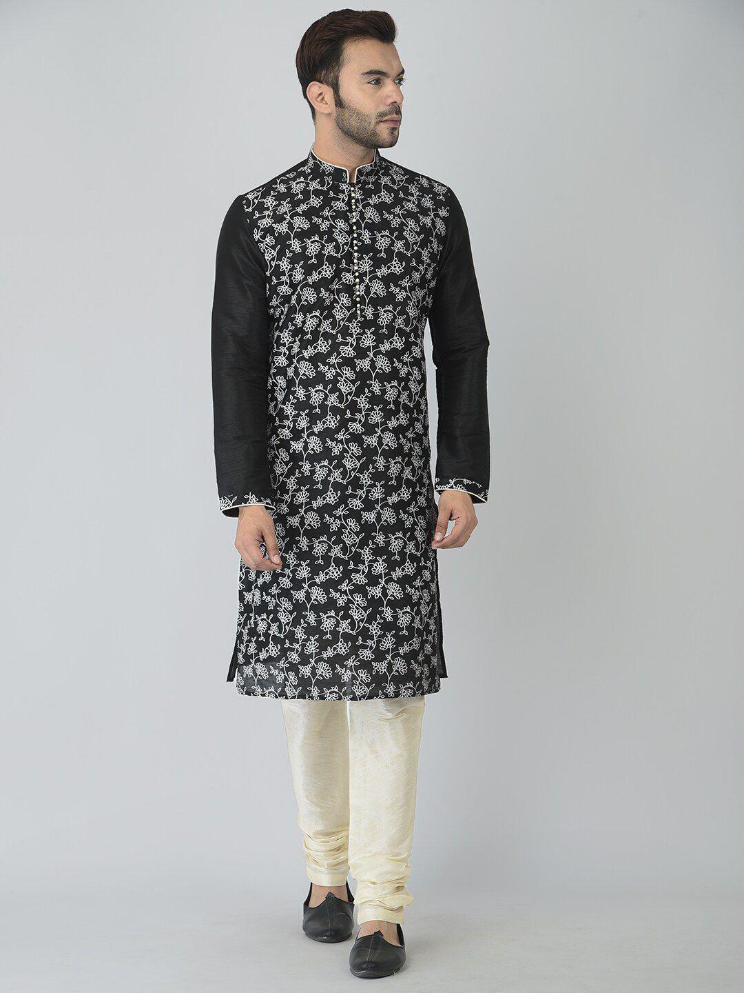 deyann floral printed dupion silk straight kurta with pyjamas & nehru jacket