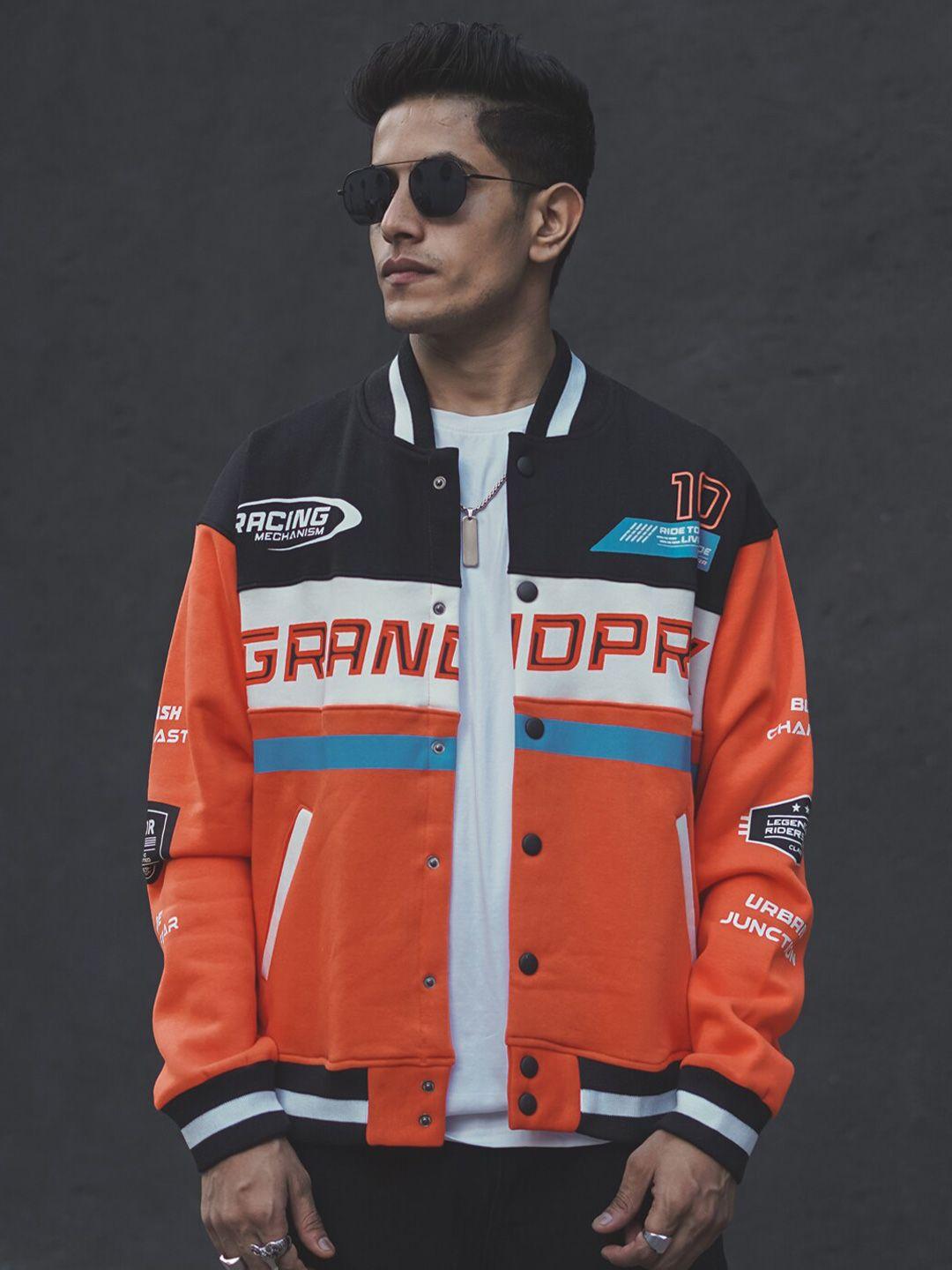 powerlook orange typography printed stand collar oversized bomber