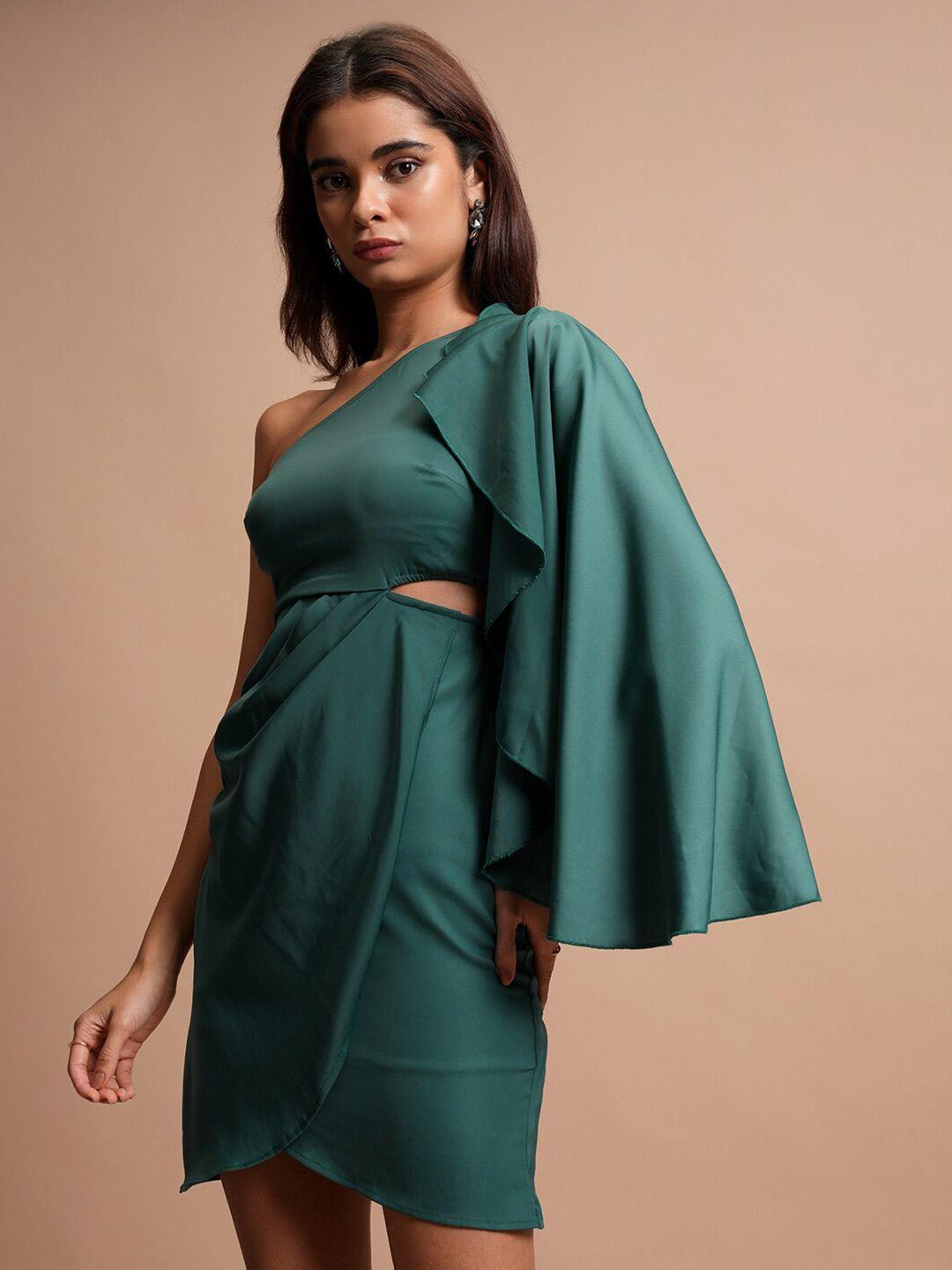 tokyo talkies green one shoulder cape sleeve cut out & pleated sheath dress