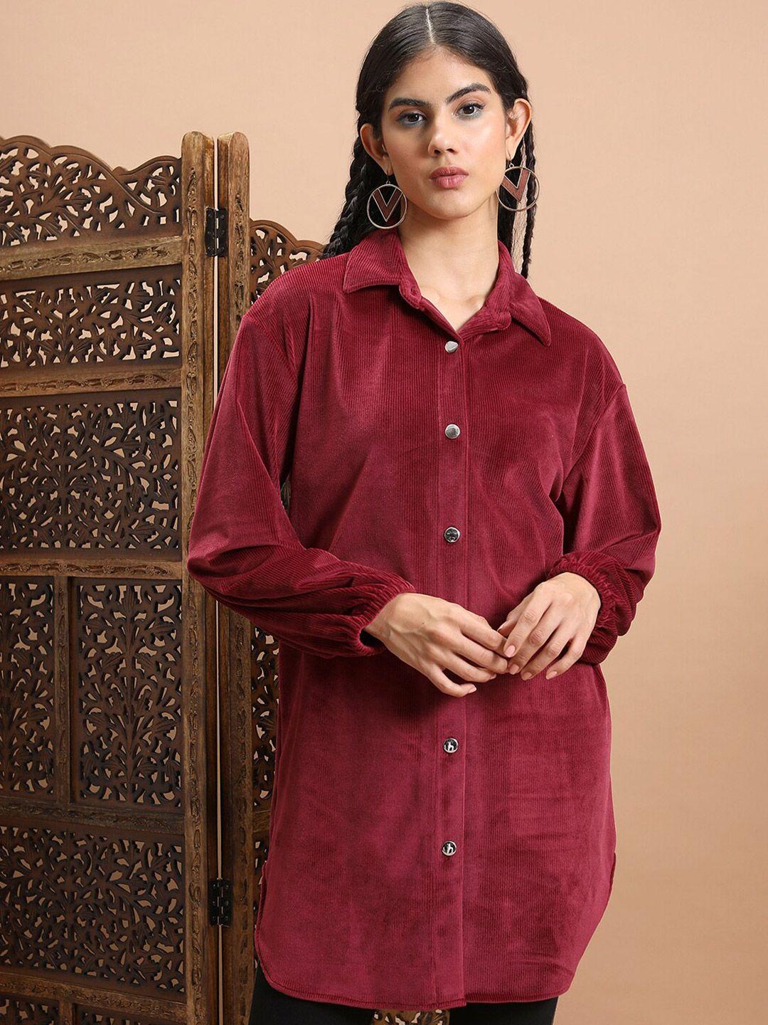 vishudh maroon spread collar longline shirt