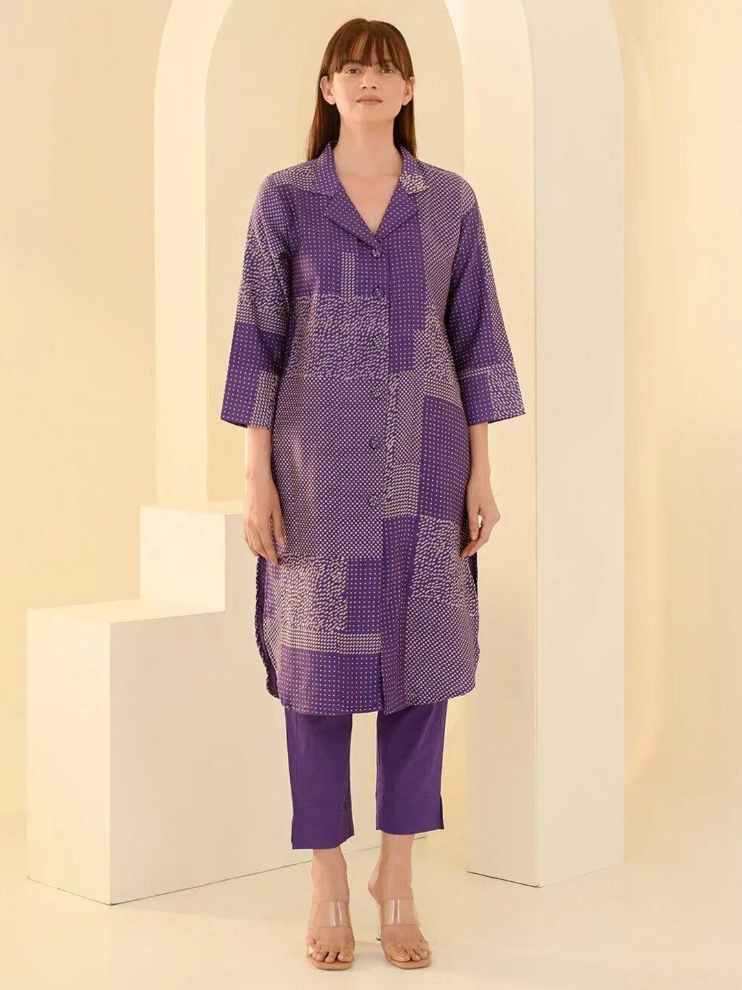 kalini geometric printed lapel collar longline shirt & trousers