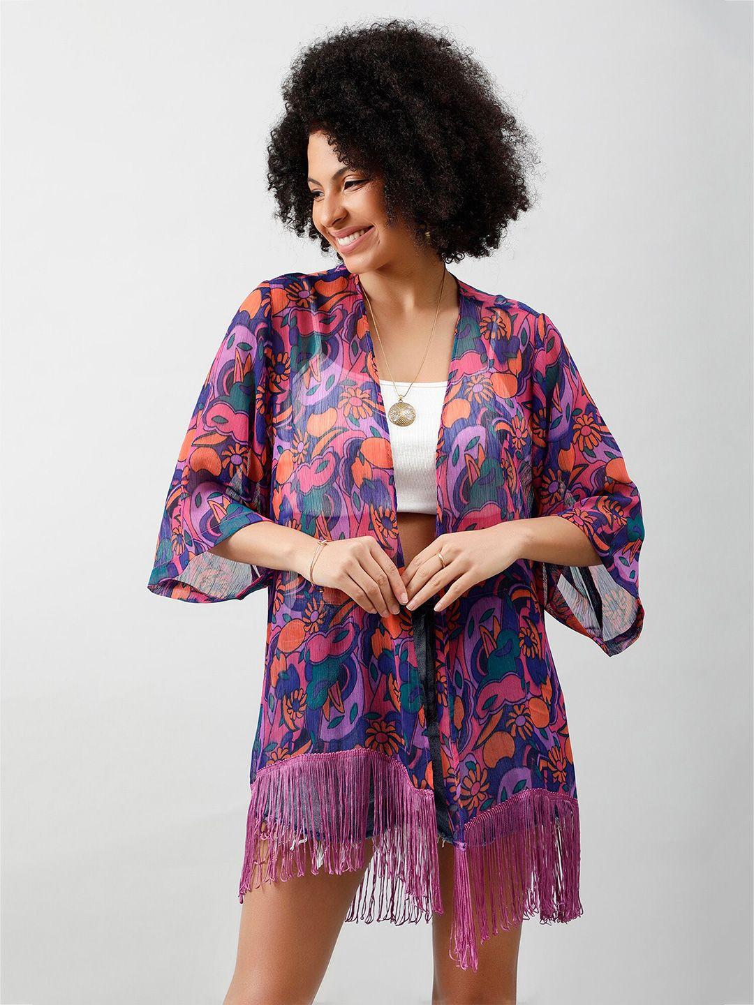 purys floral printed tasselled open front shrug