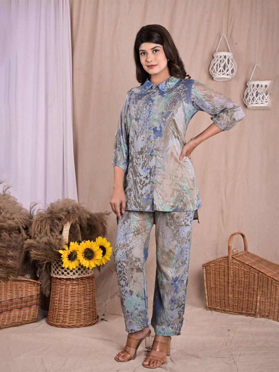 advya printed shirt collar pure cotton tunic with trousers