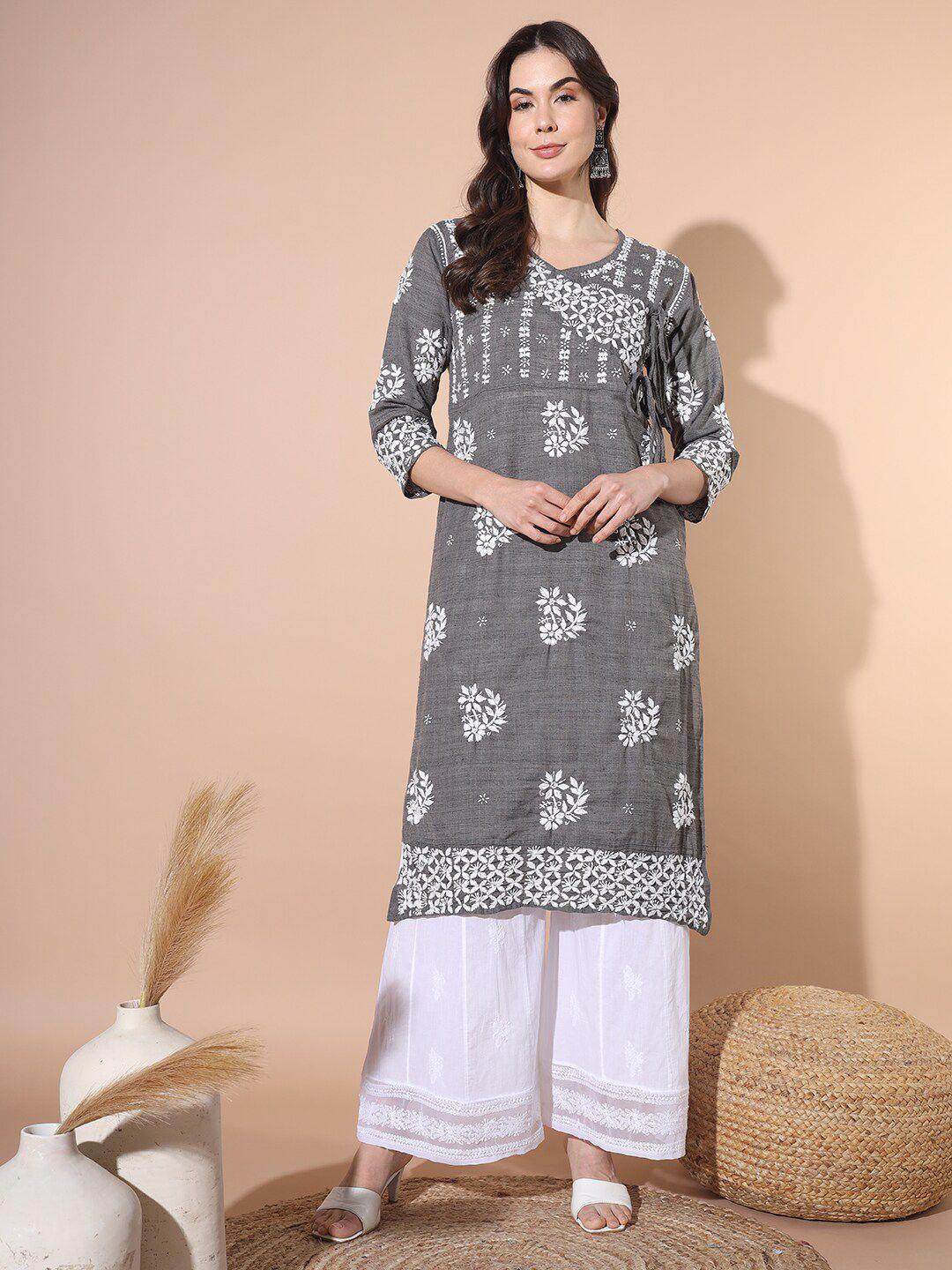 ethnava floral embroidered pure cotton tie up angrakha kurta