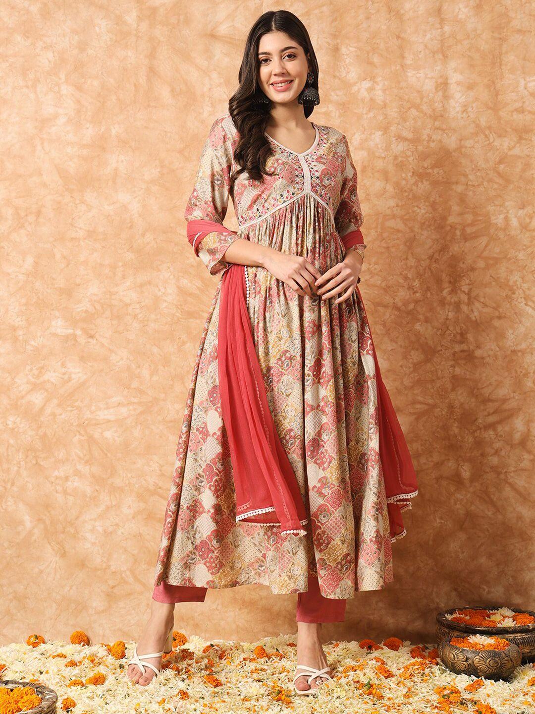 kalini ethnic motifs printed anarkali kurta with trousers & with dupatta