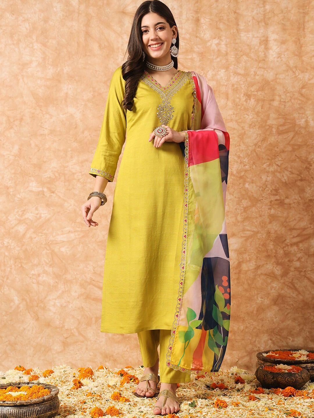 kalini floral yoke designed regular sequined kurta with trousers & dupatta