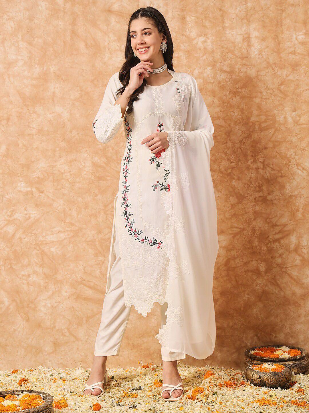 kalini floral embroidered regular thread work organza kurta with trousers & dupatta