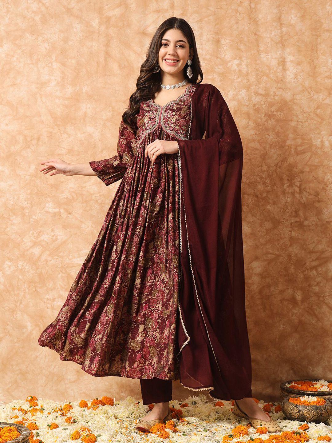 kalini floral printed empire thread work anarkali kurta & trousers with dupatta