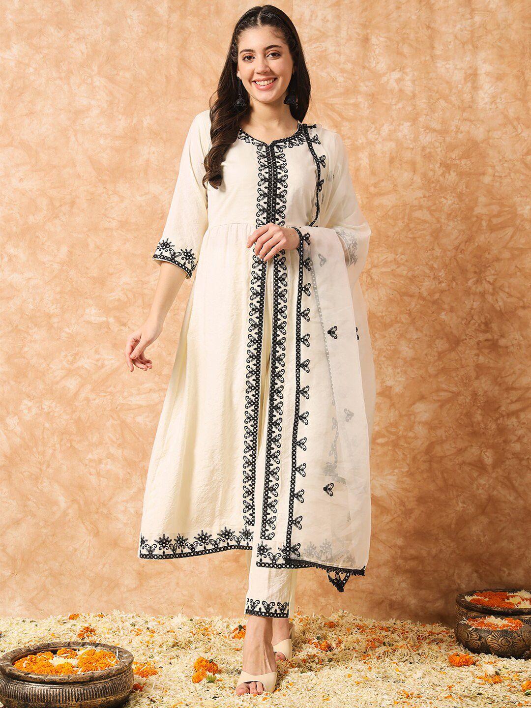 kalini ethnic motifs embroidered straight kurta & trousers with dupatta