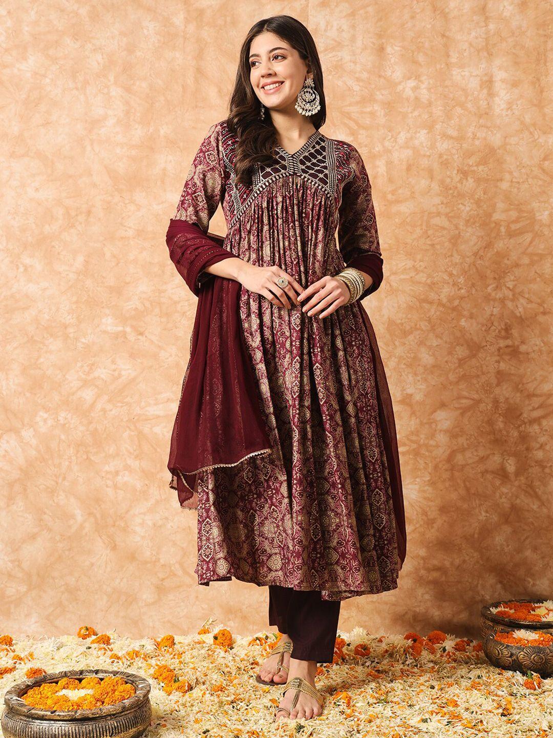 kalini ethnic motifs printed regular chanderi silk a-line kurta with trousers & dupatta