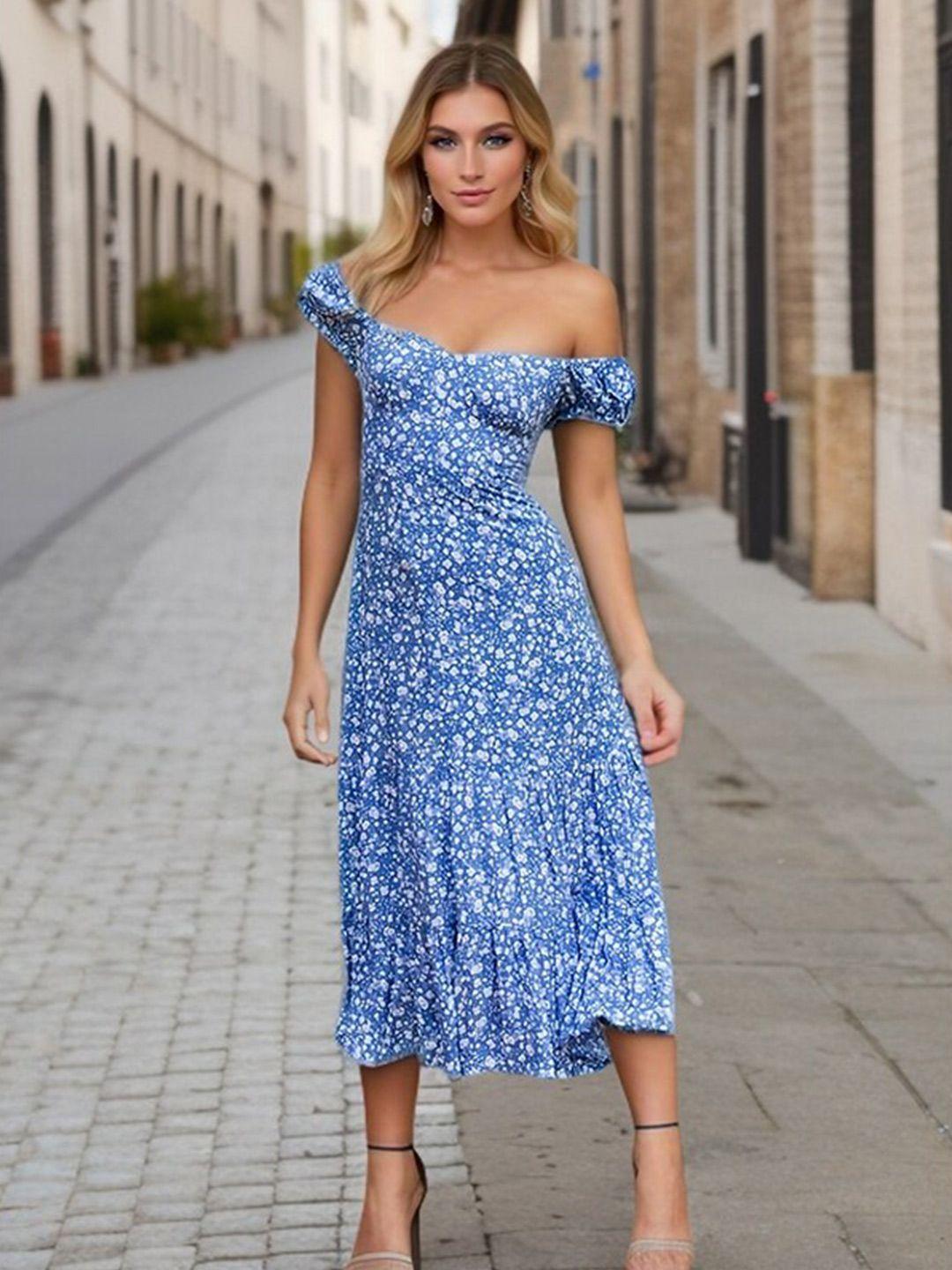 stylecast blue & white floral printed off shoulder puff sleeve a-line mini dress