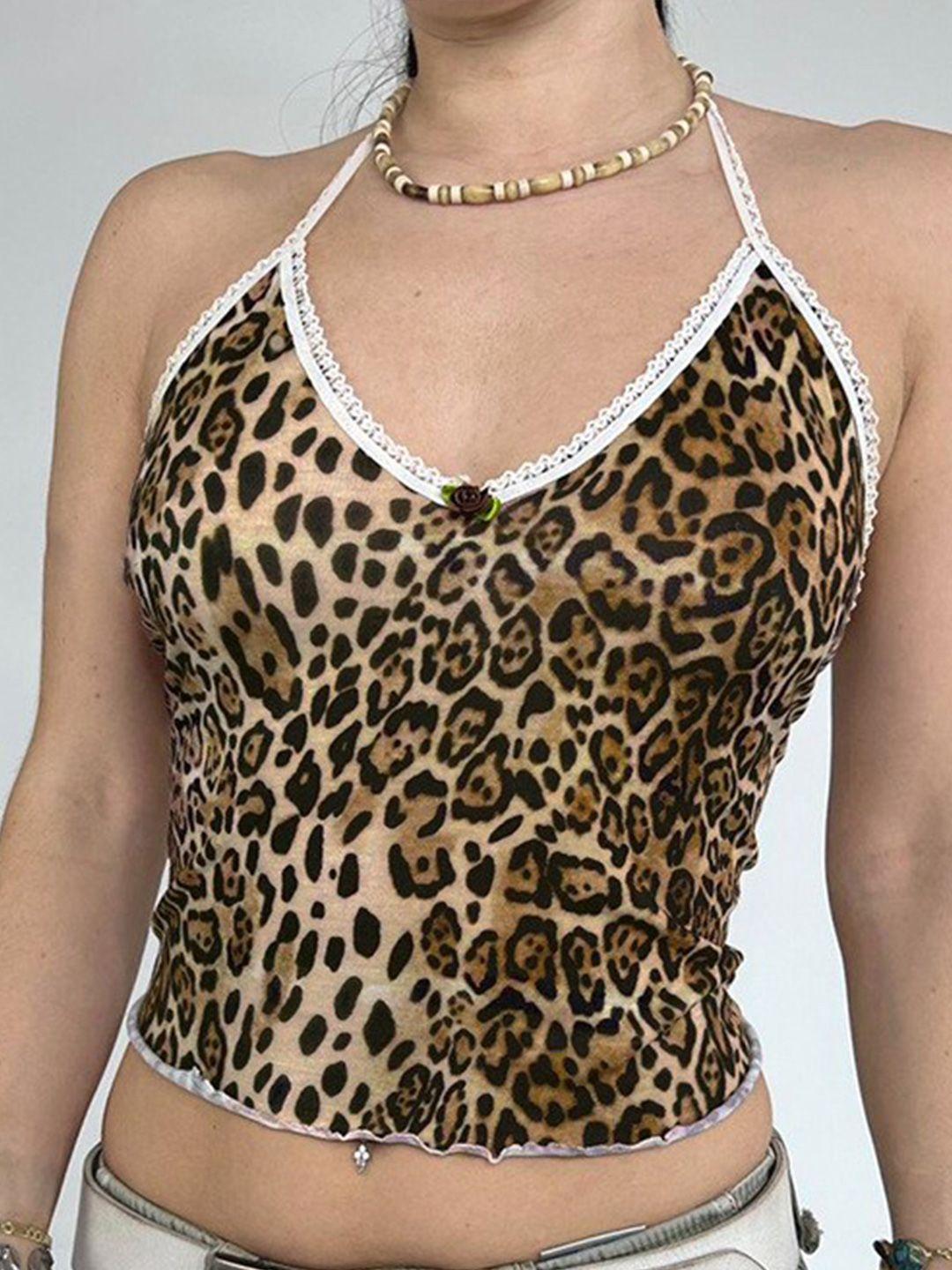 stylecast brown animal print halter neck styled back top