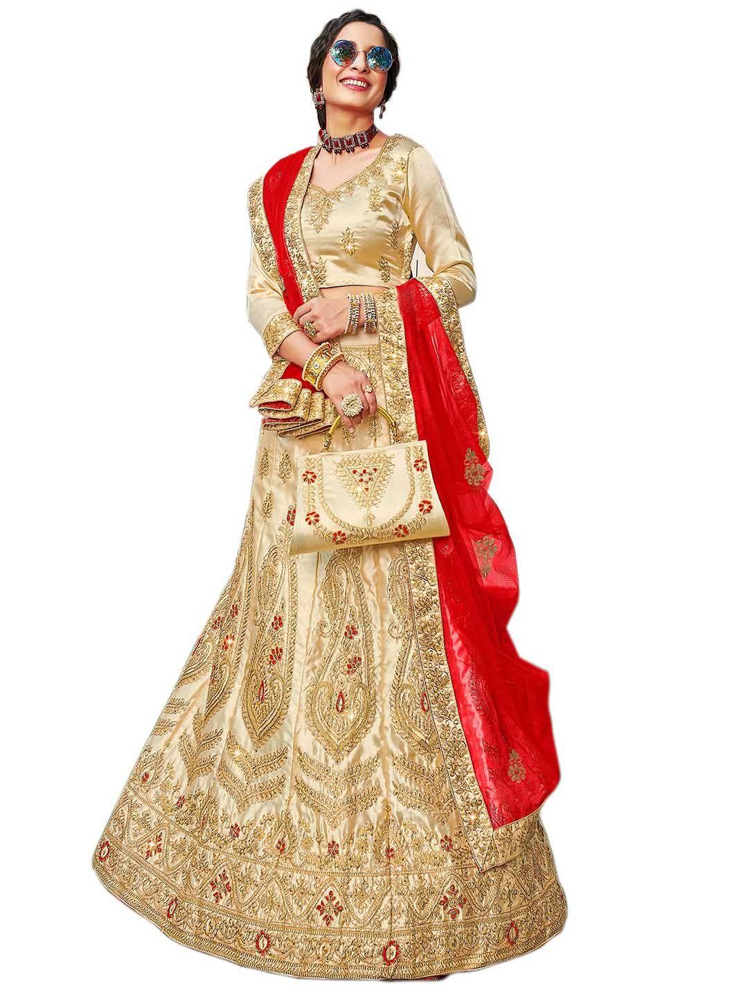 manvaa beige & red embroidered thread work semi-stitched lehenga & unstitched blouse with dupatta