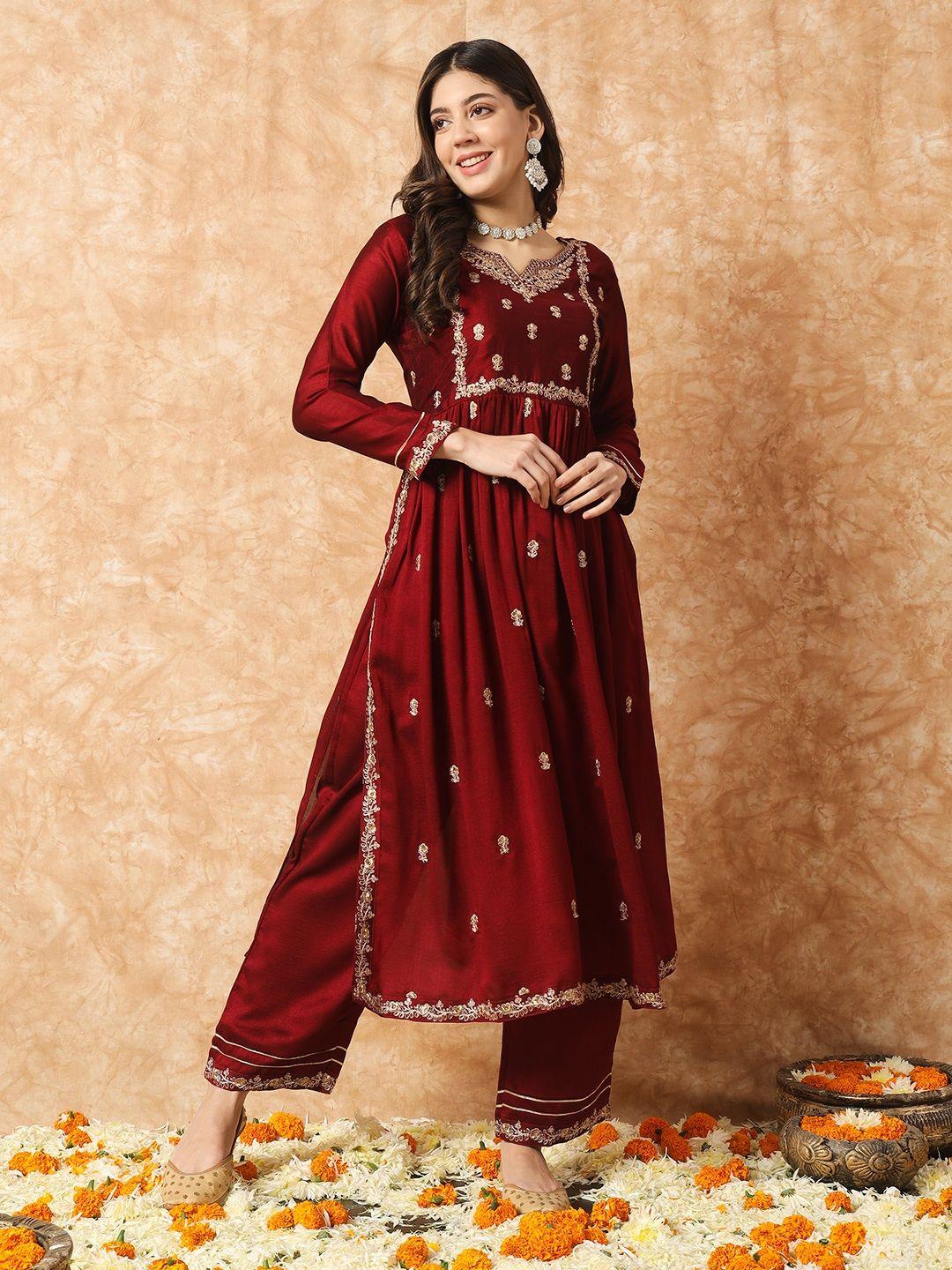 navlik ethnic motif embroidered a-line kurta & trousers