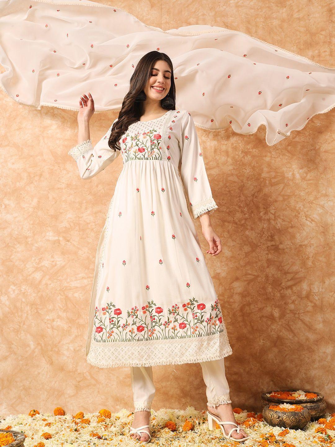 navlik floral embroidered a-line kurta with trousers & dupatta