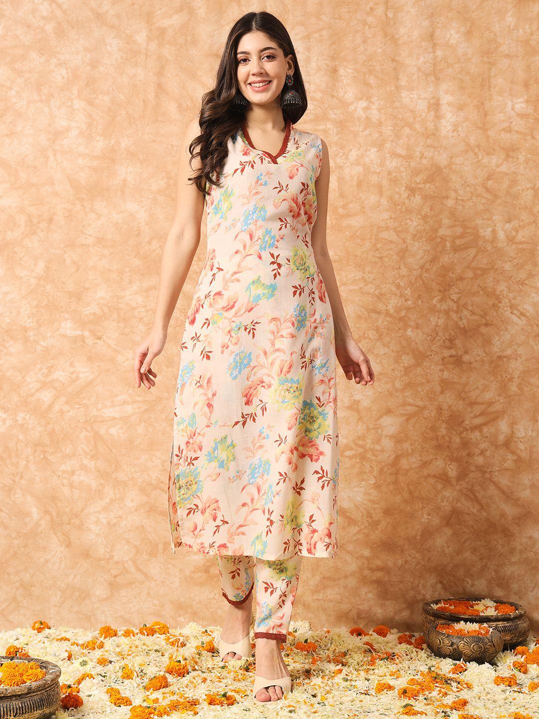 navlik floral printed pure cotton straight kurta & trousers