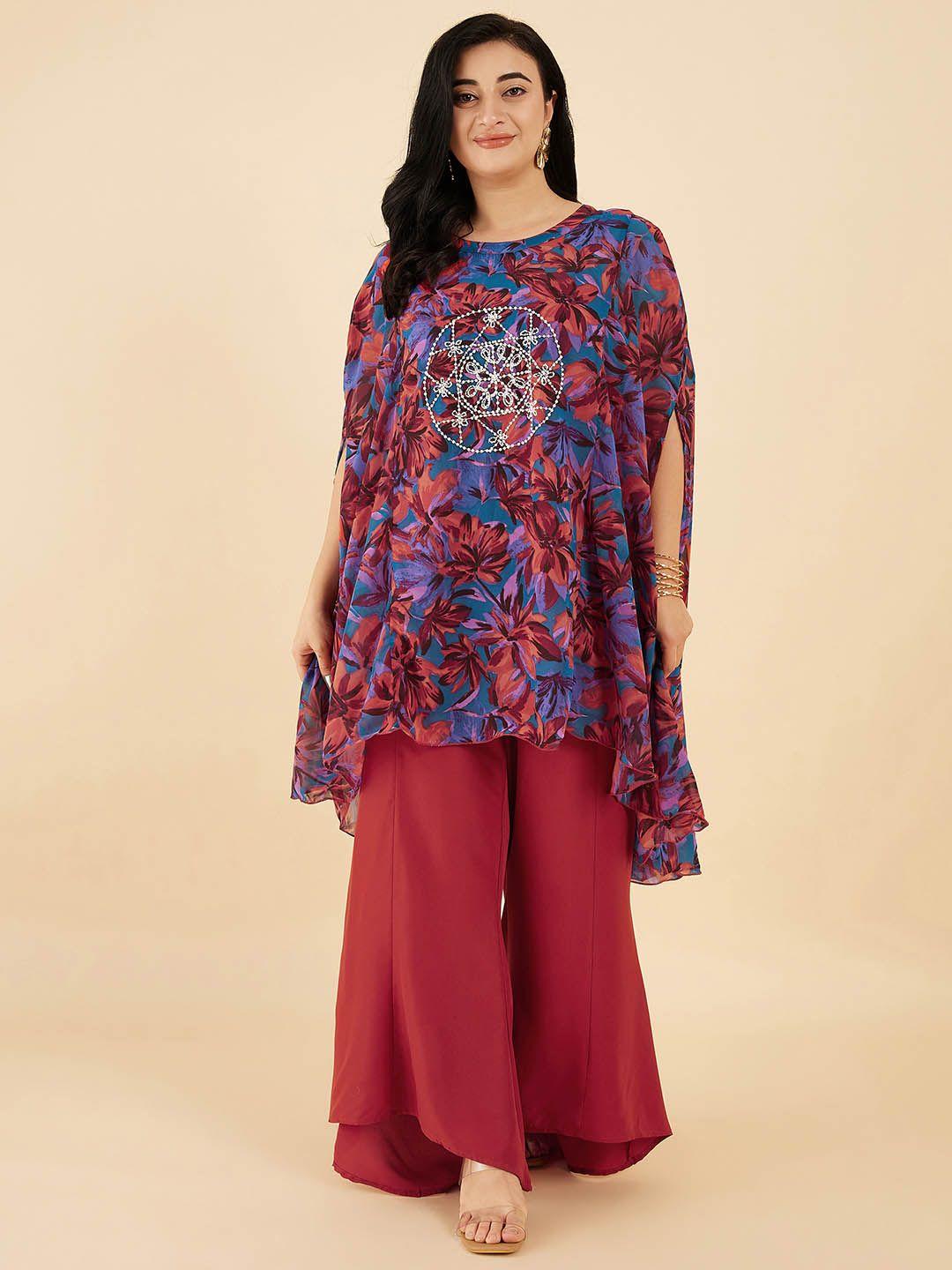 antheaa curve floral printed embellished round neck tunic with palazzos co-ords