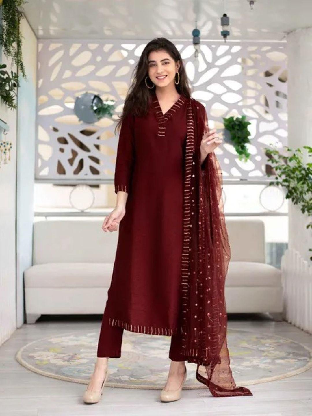 zeepkart women maroon regular kurta with salwar & with dupatta